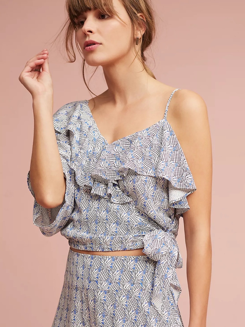 Maeve Anthropologie Ruffle Blue Pineapple Print Blouse with Bow Size XS